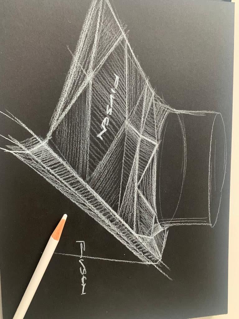 Speaker Designskizze — Seitenansicht, weiß auf schwarz